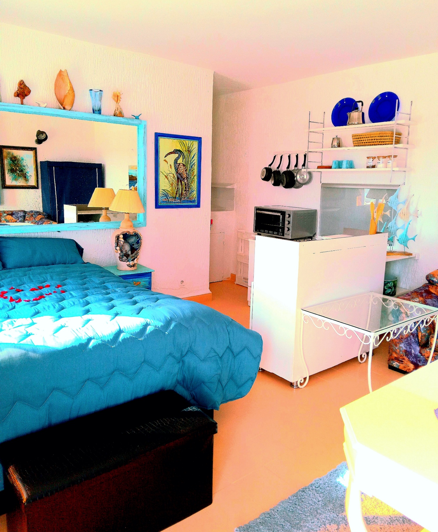 Terrace apartment — bedroom and kitchenette, rented by the day